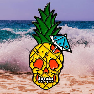 Pineapple Tiki Skull Enamel Pin - Sage Screenprinting